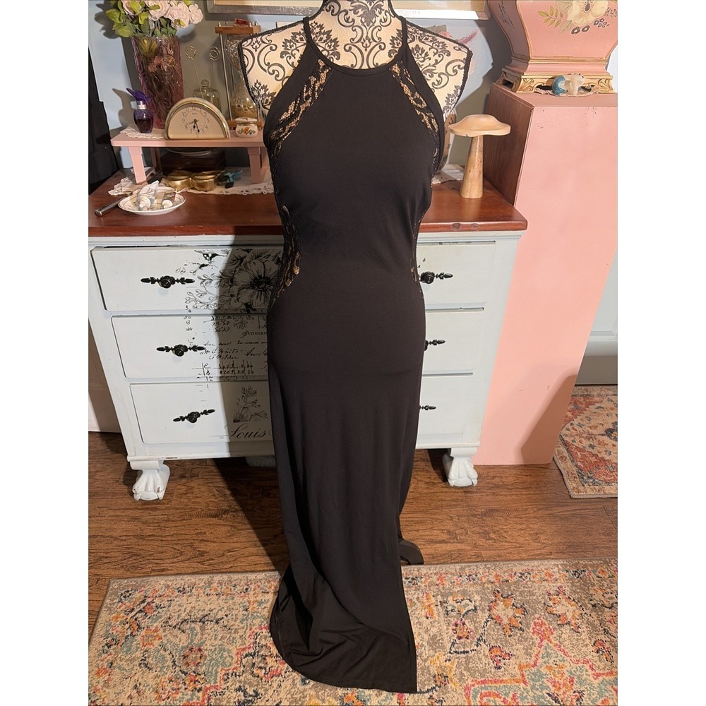 Cache Long Black Sleeveless Lacey Dress Sz Small. Bodycon Built In Bra.
